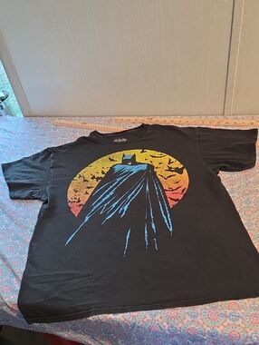 Batman Black Tee with Blue Cape and Yellow-Orange Sunset Graphic